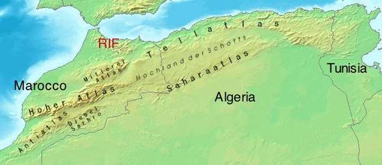 A relief map of northwestern North Africa
