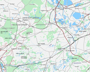 Map of the River Bourne BasinUrban areas are not shaded.