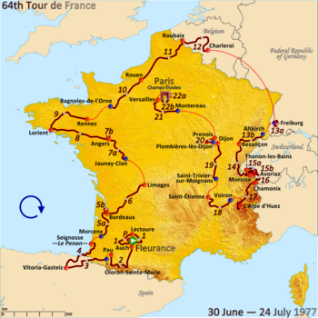 Mapa Francji z trasą Tour de France 1977