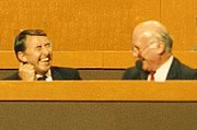 Russell Johnston (right) shares a joke with David Steel at the Liberal Party Assembly in 1987