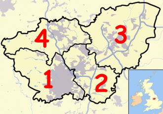 A map of South Yorkshire, showing the Metropolitan Boroughs: (1) Sheffield; (2) Rotherham; (3) Doncaster; and (4) Barnsley. S-York outline.png