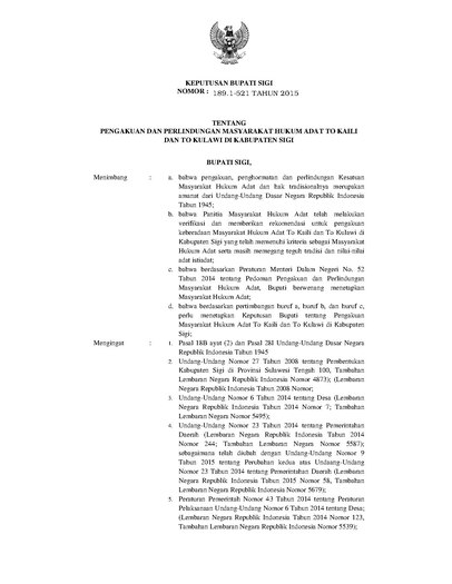 Surat Keputusan Bupati Sigi Nomor 189.1-521 Tahun 2015 tentang Pengakuan dan Perlindungan Masyarakat Hukum Adat To Kaili dan To Kulawi di Kabupaten Sigi