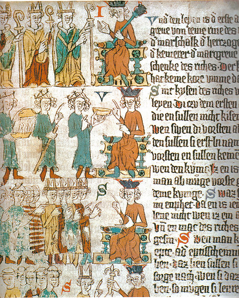Choosing the king. Above: the three ecclesiastical princes choosing the king, pointing at him. Middle: the Count Palatine of the Rhine hands over a go