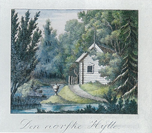 Den norske Hytte. Formodentlig den første af de mange hytter i haven fra o. 1795 Radering af Clemens efter tegning af Hanck, 1822[24]