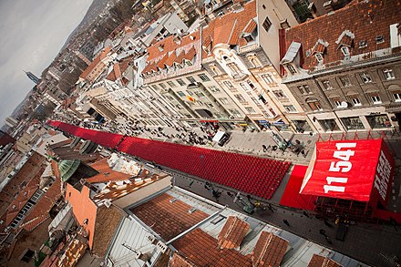The Sarajevo Red Line, a memorial event of the siege of Sarajevo's 20th anniversary. 11,541 empty chairs symbolized 11,541 victims of the war which, according to Research and Documentation Center were killed during the siege of Sarajevo.[184][185]