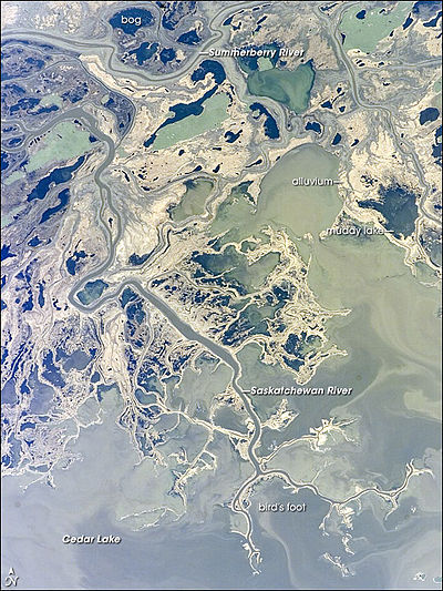 May 11, 2007 NASA photoof a portion of the Saskatchewan River Delta and Cedar Lake[5]