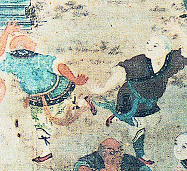 Depiction of fighting monks demonstrating their skills to visiting dignitaries (early 19th-century mural in the Shaolin Monastery).