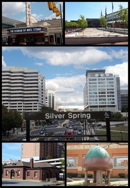 Clockwise from top: AFI Silver, Veteran's Plaza and the civic building, Downtown Silver Spring from the Metro station, Acorn Park, Baltimore and Ohio 