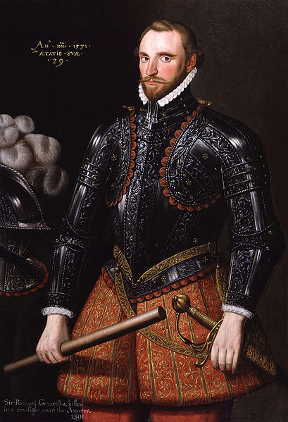 Contemporary portrait of Sir Richard Grenville, inscribed: An(no) D(omi)ni 1571 aetatis suae 29 ("In the year of Our Lord 1571, of his age 29"). Natio