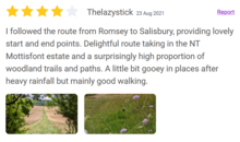 A review of the "Salrom one" route between Salisbury and Romsey in England, uploaded by a Slow Ways user Slow Ways example review and images.png