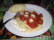 Plate of spaghetti with tomato sauce and meatballs