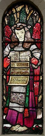 Stained glass by Hallward depicting Matt 5:10: "Blessed are the poor in spirit: For theirs is the Kingdom of Heaven". St Peter's 2.jpg