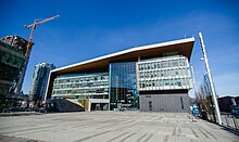 The Surrey, British Columbia city hall serves as the fictional San Jose St. Bonaventure Hospital in exterior shots. Surrey City Hall (30491047242).jpg