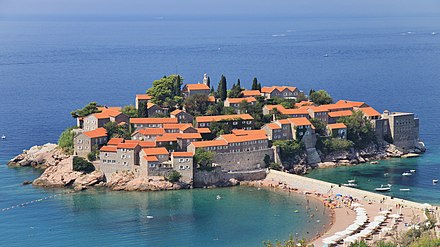 View towards Sveti Stefan in Montenegro. Tourism makes up a significant part of the Montenegrin economy.