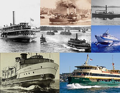Top to bottom and left to right, Kuramia (1914-1934), PS Brighton (1883-1916), Herald (1855-1884), K-class ferries in Sydney Cove, hydrofoil Curl Curl (1973-1992), South Steyne (1938-1974), Collaroy (1988-) Sydney Harbour ferry collage.jpg