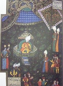 The Ottoman Sultan Suleiman the Magnificent awaits the arrival of the Greek Muslim Grand Vizier Pargali Ibrahim Pasha at Buda, in the year 1529. Szulejman a satraban Buda alatt (1529).JPG