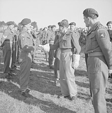 General Sir Bernard Montgomery greets RSM A. Parsons of the 8th (Midlands) Parachute Battalion during an inspection of the 6th Airborne Division at Bulford, Wiltshire, 8 March 1944. The British Army in the United Kingdom 1939-45 H36429.jpg