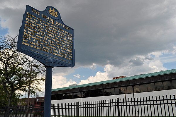 Historical marker for the Grand Battery (or the Association Battery), Pennsylvania's largest early fortification, originally built in 1748