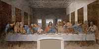 Леонардо да Винчи. Тайная вечеря. 1495—1498. Фреска. Трапезная церкви Санта-Мария-делле-Грацие, Милан