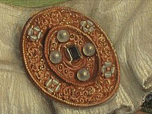 Detailed close-up of the ornamental brooch featured in Matsys's work, The Ugly Duchess. Shows the fine brushwork and layered colorwork. The Ugly Duchess ornamental brooch.jpg