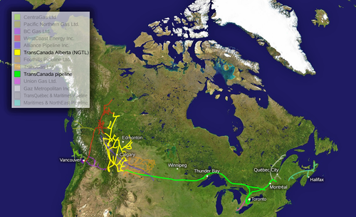 The route of the TransCanada Pipeline. The yellow lines in Western Canada reflect an acquisition by TransCanada of the gathering system developed by AGTL (later known as Nova Corporation). The red represents Westcoast Transmission's pipelines. Export pipelines stop at the US border, where they connect to US carriers. TransCanada pipeline.png