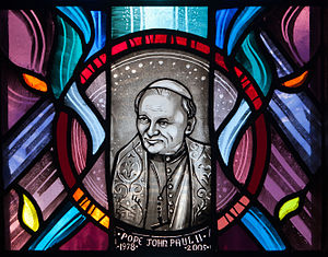 Tullow Church of the Most Holy Rosary South Transept Window Mysteries of Light and Pope John Paul II Detail Pope John Paul II 2013 09 06.jpg