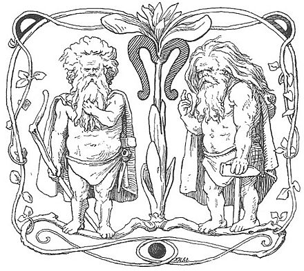 Two dwarfs as depicted in a 19th-century edition of the Poetic Edda poem Völuspá (1895) by Lorenz Frølich.
