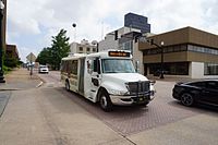 This International Durastar cutaway chassis has a low-floor minibus body produced by second-stage manufacturer IC Bus. Tyler May 2016 30 (Tyler Transit).jpg