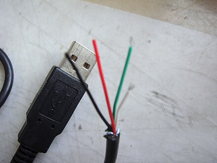标准USB线的内部结构，可以看到里面有红、白、绿、黑四根小的导线