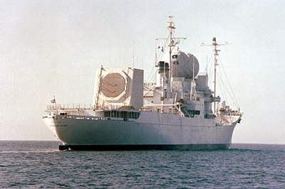 Aft view of the USNS Observation Island showing the location of the AN/SPQ-11 Cobra Judy array.