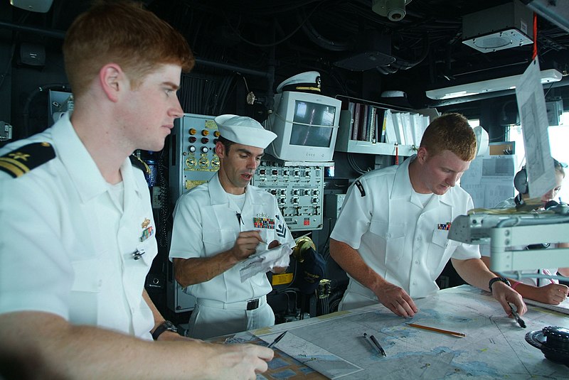 File:US Navy 050815-N-4772B-044 From left, Navigator Lt.j.g. Timothy Shugert, Quartermaster 2nd Class Jeremy Spaulding and Quartermaster 3rd Class Paul R. Keays help navigate the amphibious dock landing ship.jpg