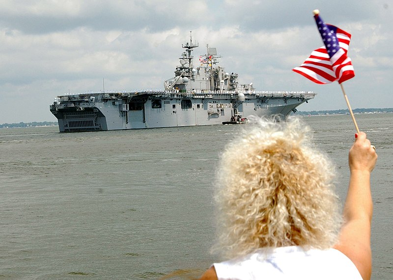 File:US Navy 060606-N-2248M-002 Families wave goodbye as the Sailors aboard the amphibious transport ship USS Nashville (LPD 13) and the amphibious assault ship USS Iwo Jima (LHD 7) departs Naval Station Norfolk.jpg