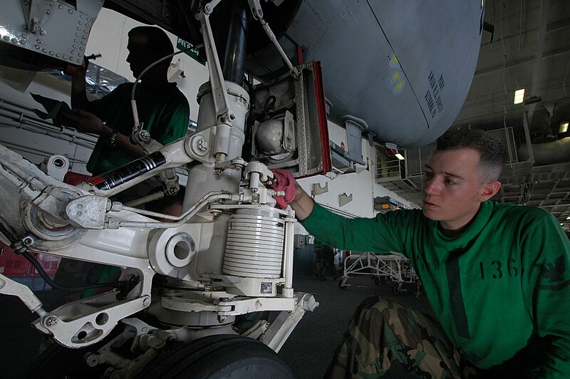 File:US Navy 061019-N-4053P-033 Aviation Structural Mechanic 3rd Class Christopher Forero (top) of Dayton, Nev., inspects and greases the wheels on one of Electronic Warfare Squadron One Three Six's (VAQ-136) EA-6B Prowlers wh.jpg