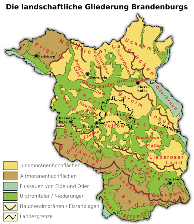 Die Lage der Beeskower Platte in der geologischen Gliederung Brandenburgs. Die Darstellung gliedert die nordwestlich angrenzende Storkower Platte in die Beeskower Platte ein.