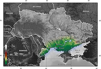 The Black Sea Depression highlighted on a topographic map of Ukraine