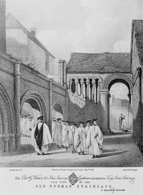 View of the old Norman Staircase and scholars, King's School Canterbury, lithograph by William Harvey, 1851