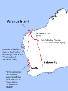 Location of Varanus Island and related gas infrastructure WA Gas Crisis locator3.png