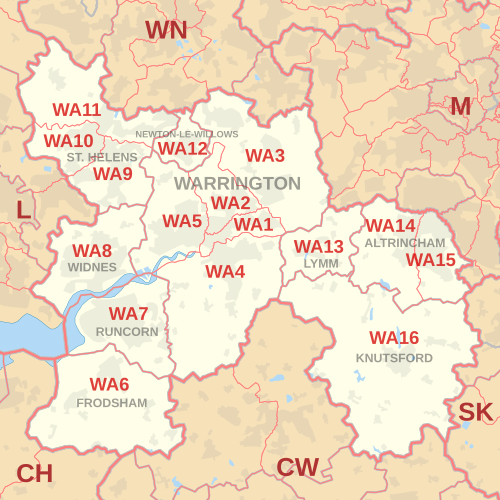 WA postcode area map, showing postcode districts in red and post towns in grey text, with links to nearby CH, CW, L, M, SK and WN postcode areas. WA postcode area map.svg