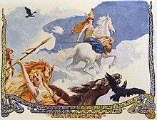 A painting of three women on horses riding on white clouds in a blue sky with two black birds flying nearby. "Walkyrien" is written at the center of the bottom.