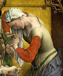 Detail of Mary Magdalene weeping at the crucifixion of Jesus, as portrayed in The Descent from the Cross (c. 1435) by the Flemish artist Rogier van der Weyden Weyden, Rogier van der - Descent from the Cross - Detail Mary Magdalene.jpg