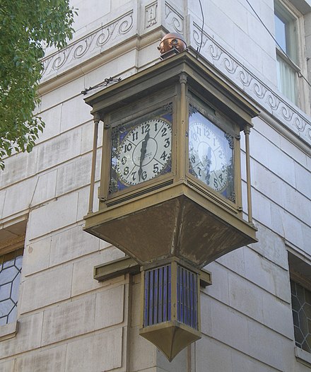 Historic clock on the National Bank of Whittier Building at Philadelphia Street and Greenleaf Avenue