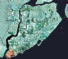 The neighborhood of Tottenville in Staten Island is shown highlighted in orange Wpdms nygis tottenville.jpg