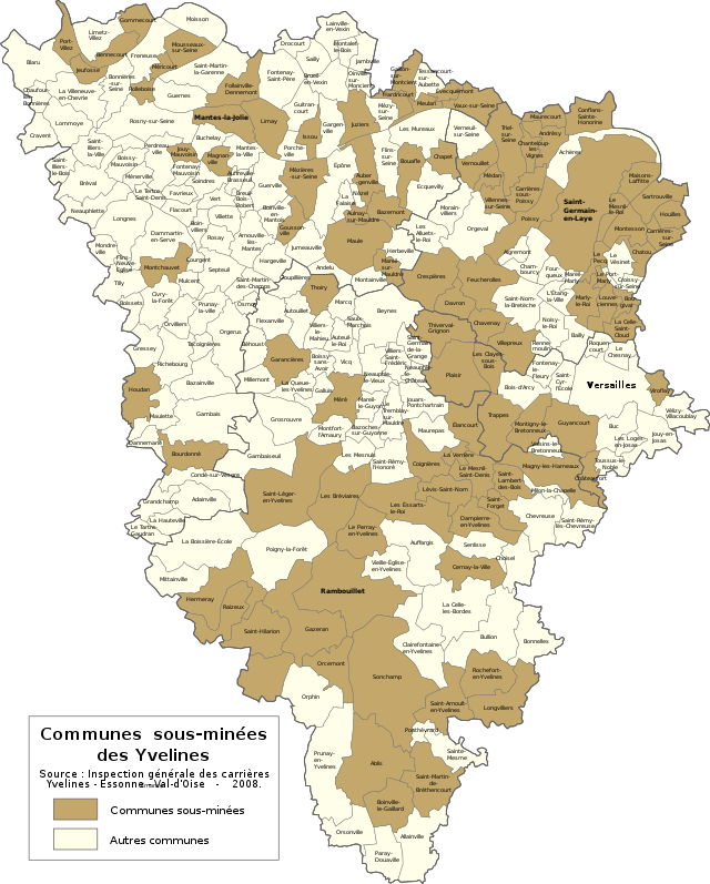 Carte montrant les limites des communes des Yvelines réparties en deux groupes de couleur : en marron, les communes sous-minées (101 communes), en beige clair les autres communes (161 communes)