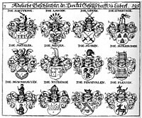„Adeliche Geschlechter der Circkel Gesellschafft zu Lübeck“ untere Reihe, letztes Wappen: Plessen[31]