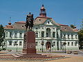 Zrenjanin, Serbia, ayuntamiento y monumento del rey Pedro I de Serbia