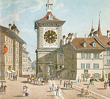 The Zytglogge's west facade in 1830, after the 1770 restructuring. Zytglogge 1830.jpg