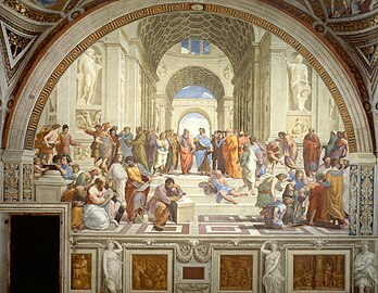 Image à fresque dans un décor antique avec cinquante-huit personnages en habits d'époque qui se regroupent aux premier et deuxième plans.