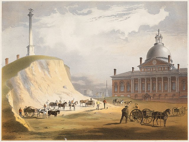 Cutting down Beacon Hill in 1811; a view from the north toward the Massachusetts State House