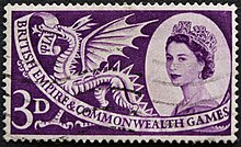 3 pence British stamp with theme of 1958 British Empire and Commonwealth Games, Cardiff, Wales 1958 Commonwealth Games 3d Stamp.jpg