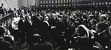 Romulo Betancourt greets Larrazabal after taking oath in the National Congress 1959. Febrero, 13. Toma de posesion de Romulo Betancourt en el Palacio Federal Legislativo.jpg